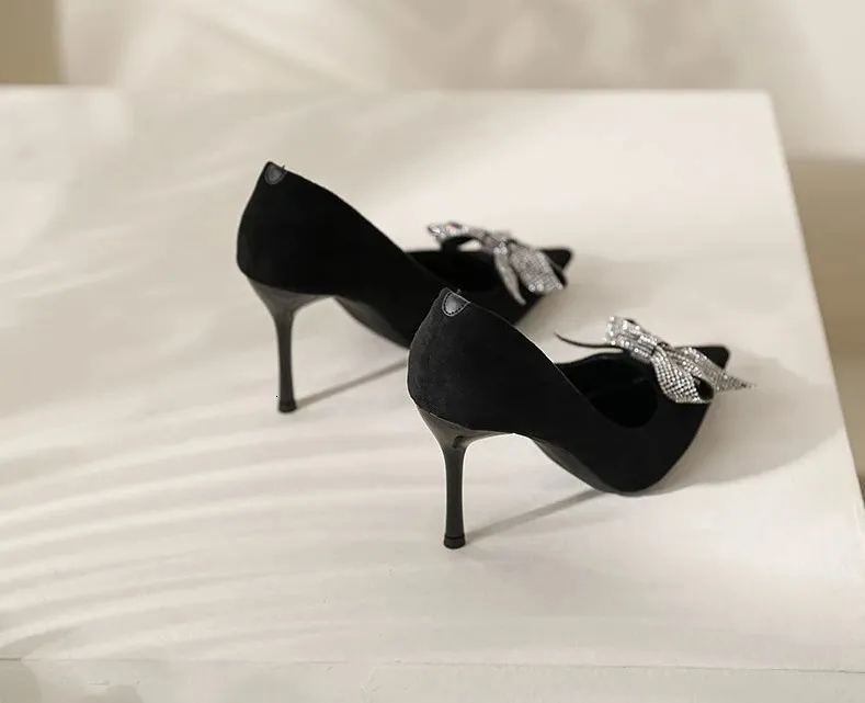 Scarpe da donna con tacco alto, estive, stiletto, per ufficio, nere, con punta a punta e fiocco, con tacco alla moda_voghion.com