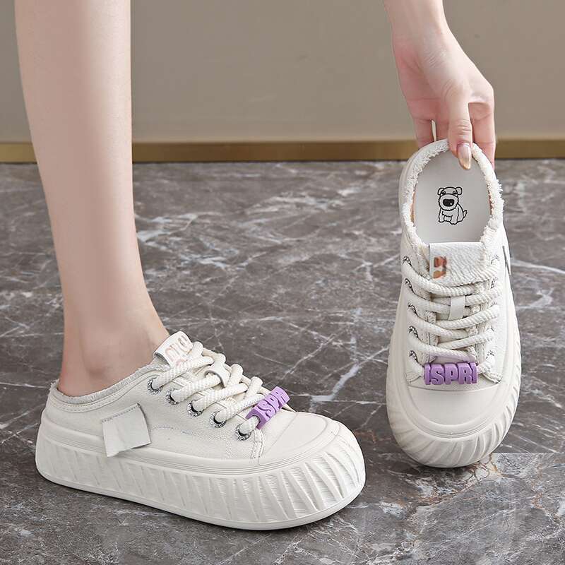 Women's Baotou Canvas Half Slip One Foot Lazy Thick Bottom Heel-less Board Shoes_voghion.com