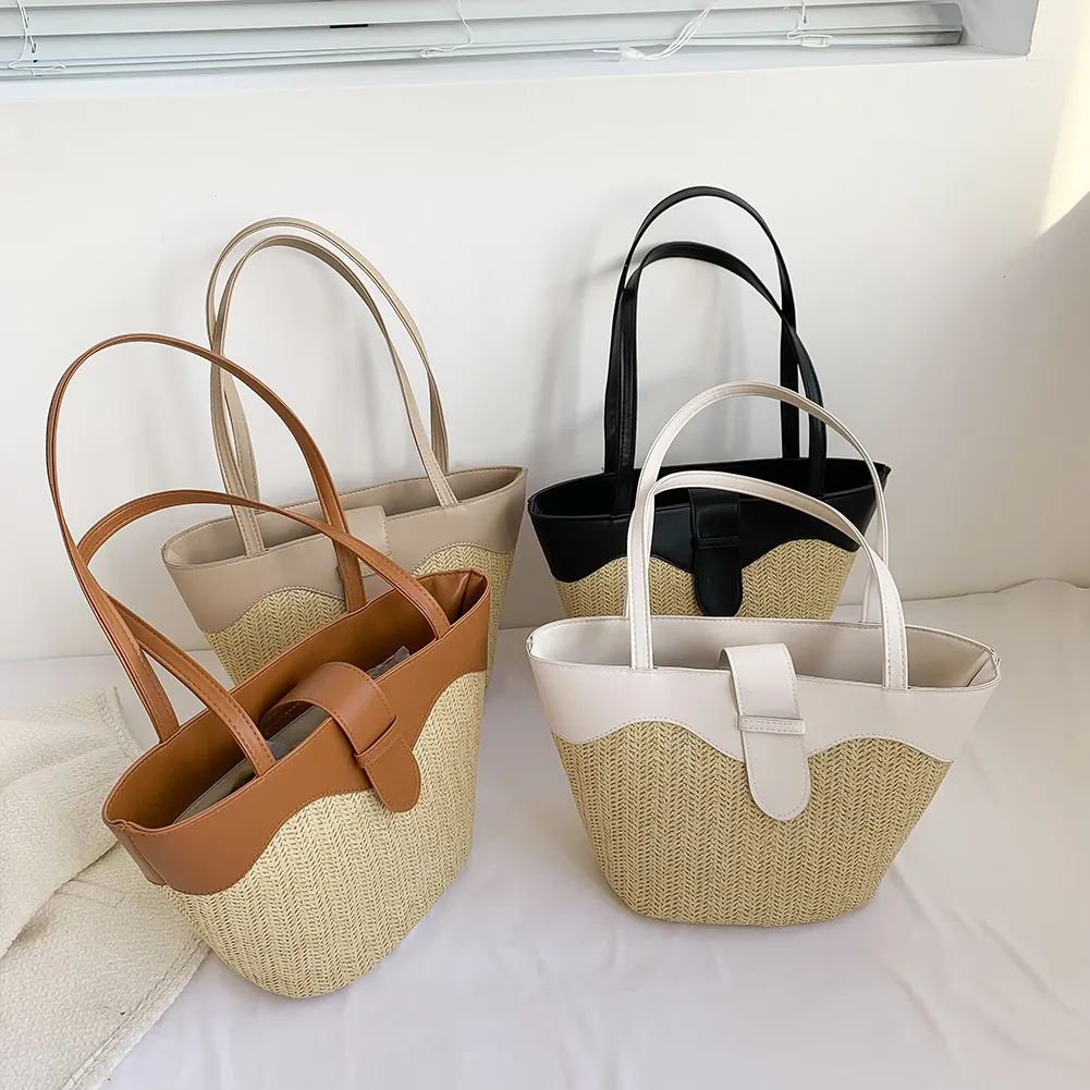 Borsa a tracolla da donna alla moda, grande capacità, in paglia, casual, con cerniera, con manico superiore, leggera e traspirante._voghion.com