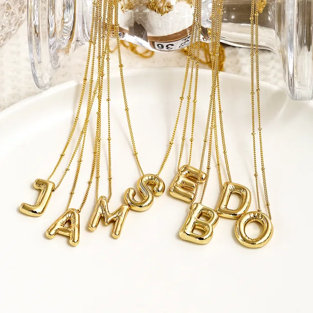 Ballon-Buchstaben-Halskette für Frauen, leicht, klobig, Blasen-3D-Anfangshalsketten, Edelstahlschmuck, A-Z-Alphabet_voghion.com