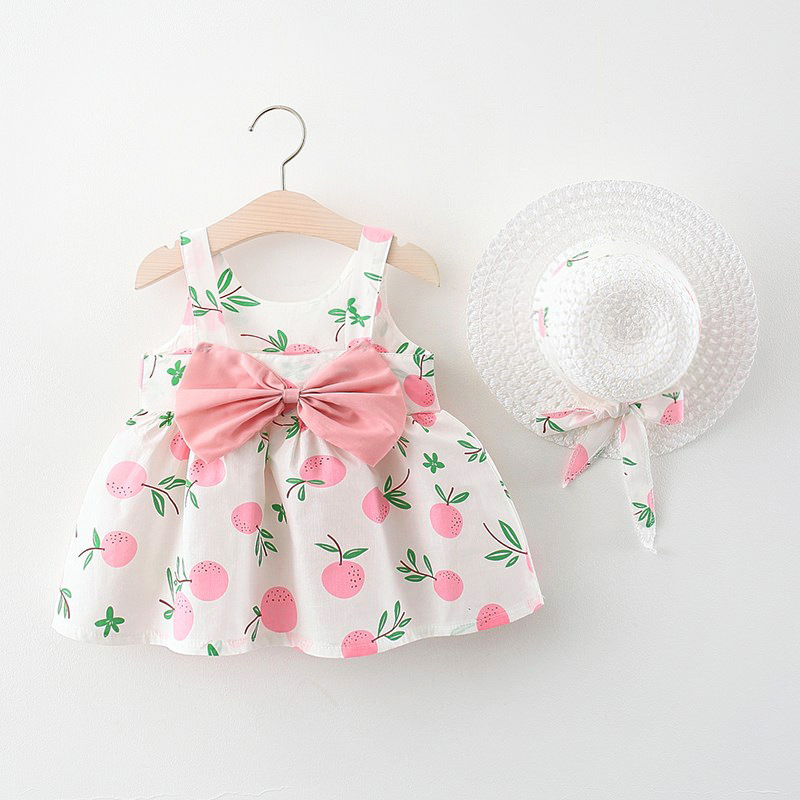 Infant Sling Dress Back Bow Baby Girl Dress Cotton Breathable Baby Clothes Fruit Pattern Sleeveless Mini Dress Set Hat For Girls_voghion.com