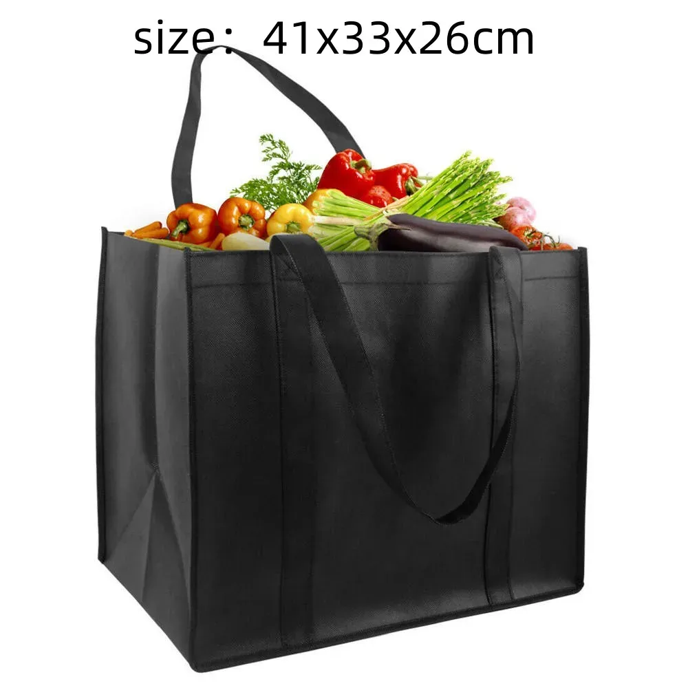 Non-Woven Black And Gray Simple Foldable Portable Eco-Friendly Large Capacity Reusable Grocery Duty Shopping Bags Totes_voghion.com