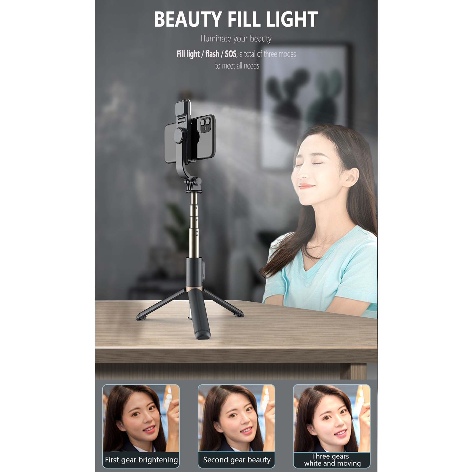 Q03S Supporto per telefono cellulare con treppiede per selfie stick Bluetooth con luce di riempimento (bianco)_voghion.com