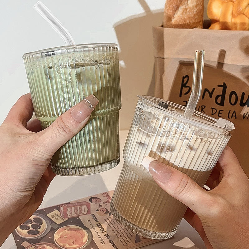 High-Value Vertical Striped Glass Coffee Iced Americano Household Lid Straw Water Latte Cold Drink Cup