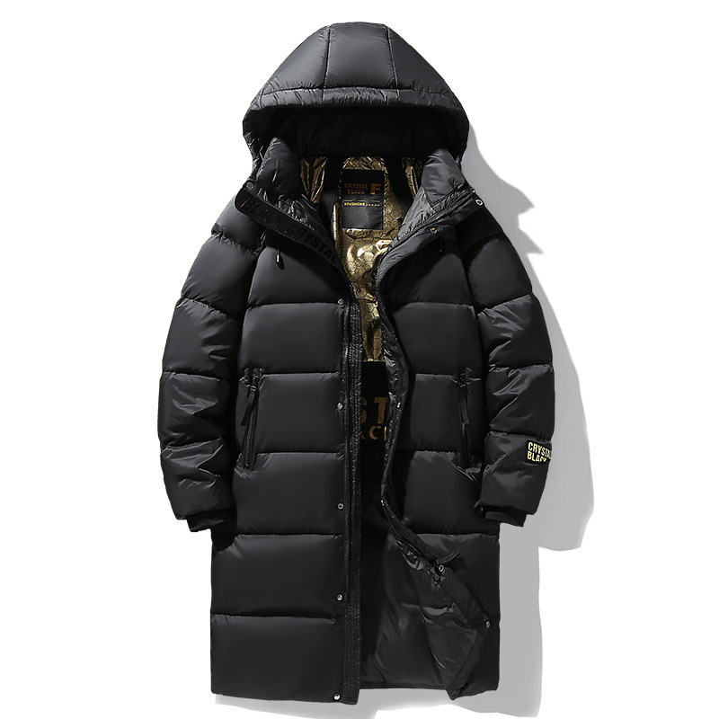Men's Clothing Black gold down jacket for men and women, long and trendy brand, warm and thick white duck down hooded jacket for men