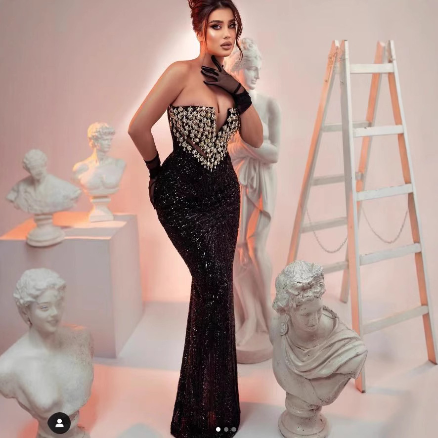 Elegant Sequin Embellished Strapless Bodycon Evening Dress For Parties & Galas - High Waist, Floor-Length, Stretch Polyester Blend -