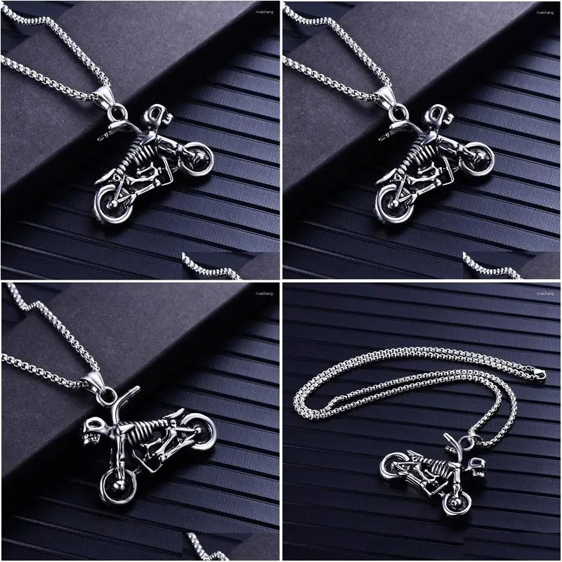 Collier pendentif squelette moto en acier titane pour homme_voghion.com