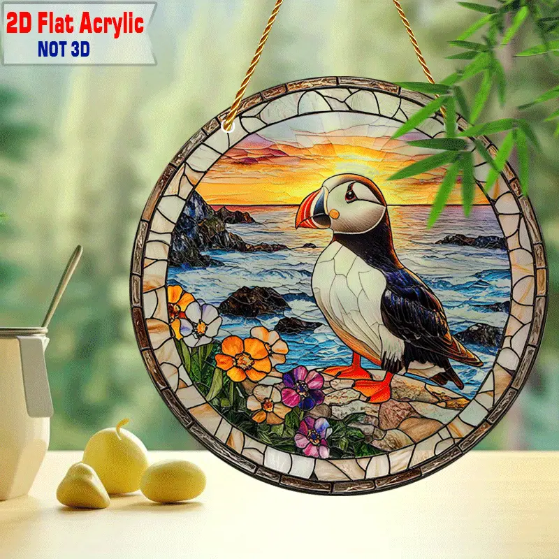 8" Puffin Suncatcher - rannikuteemaline 2D akrüüldekoor. Ideaalne verandale/kabinetti/elutuppa. Erksavärviline õueaktsent. Ideaalne kingitus linnusõpradele._voghion.com