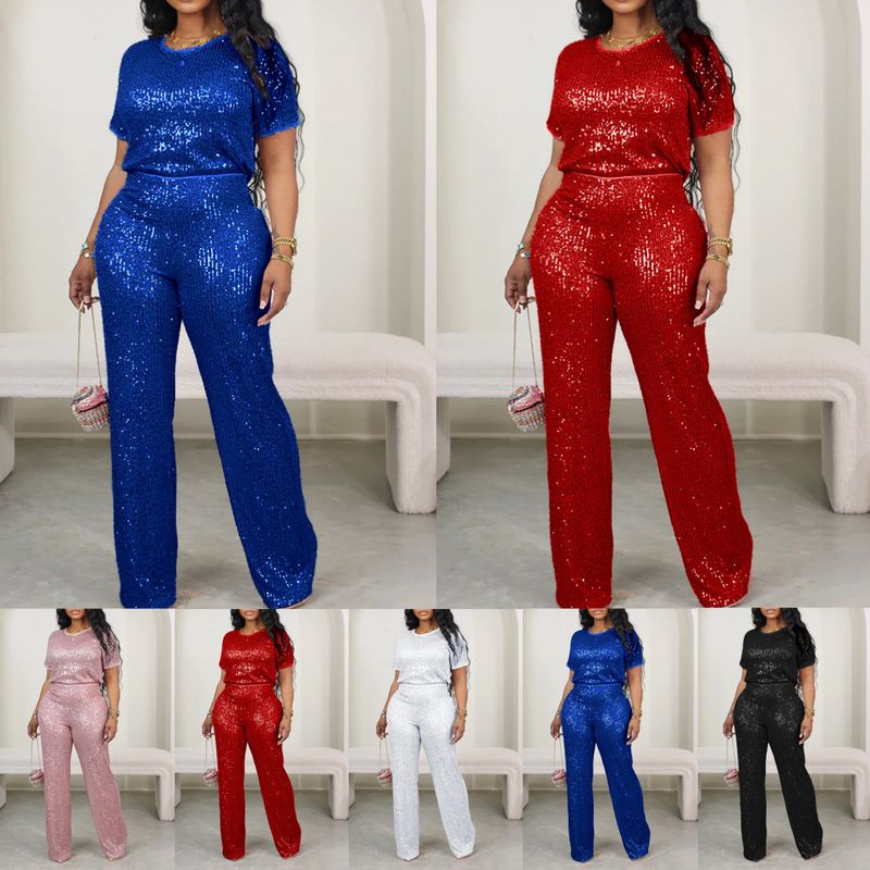 women's clothing new products solid color sequin round neck short T + straight pants suit_voghion.com