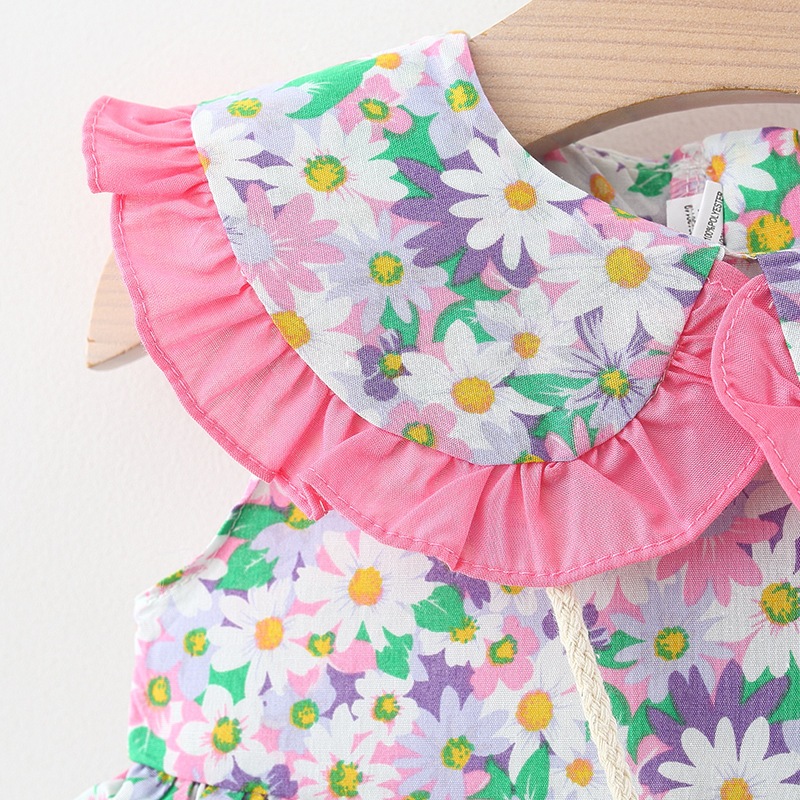 Bloem bedrukte babymeisjesjurk Mouwloos poppenkraagje Schattige jurk Verjaardagsfeestjurk Stuur strik tas_voghion.com