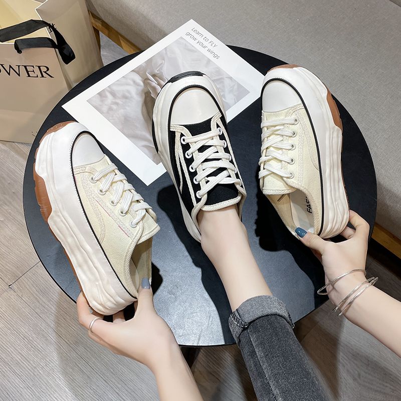 Pantofole casual in tela con lacci e stile Baotou, metà nuovo, primavera-autunno, moda donna 2023_voghion.com