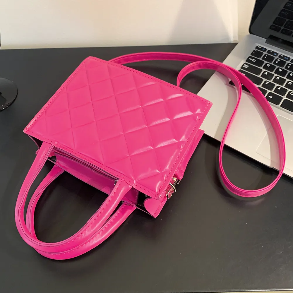 Borsa a tracolla da donna alla moda, casual, con cerniera, a reticolo rombico, piccola, con manico superiore, in tinta unita, per viaggiare ogni giorno._voghion.com