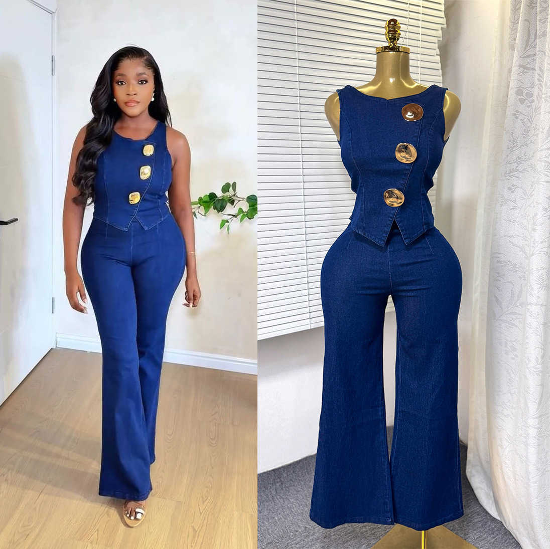 Women's Clothing Temperament Design Metal Button Round Neck Sleeveless Vest + High Waist Wide Leg Trousers Denim Suit For Women