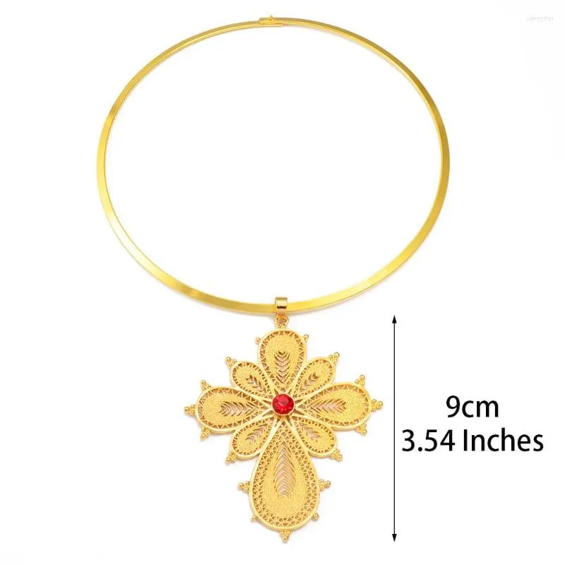 Collane con ciondolo Anniyo Etiope Grande Croce e Girocolli rotondi con strass per donna Colore oro Eritrea Africa_voghion.com