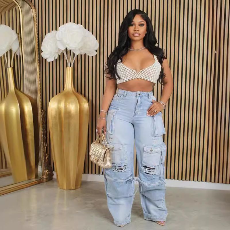 Women's Clothing Multi-pocket Hole Fashion Casual Workwear Jeans_voghion.com