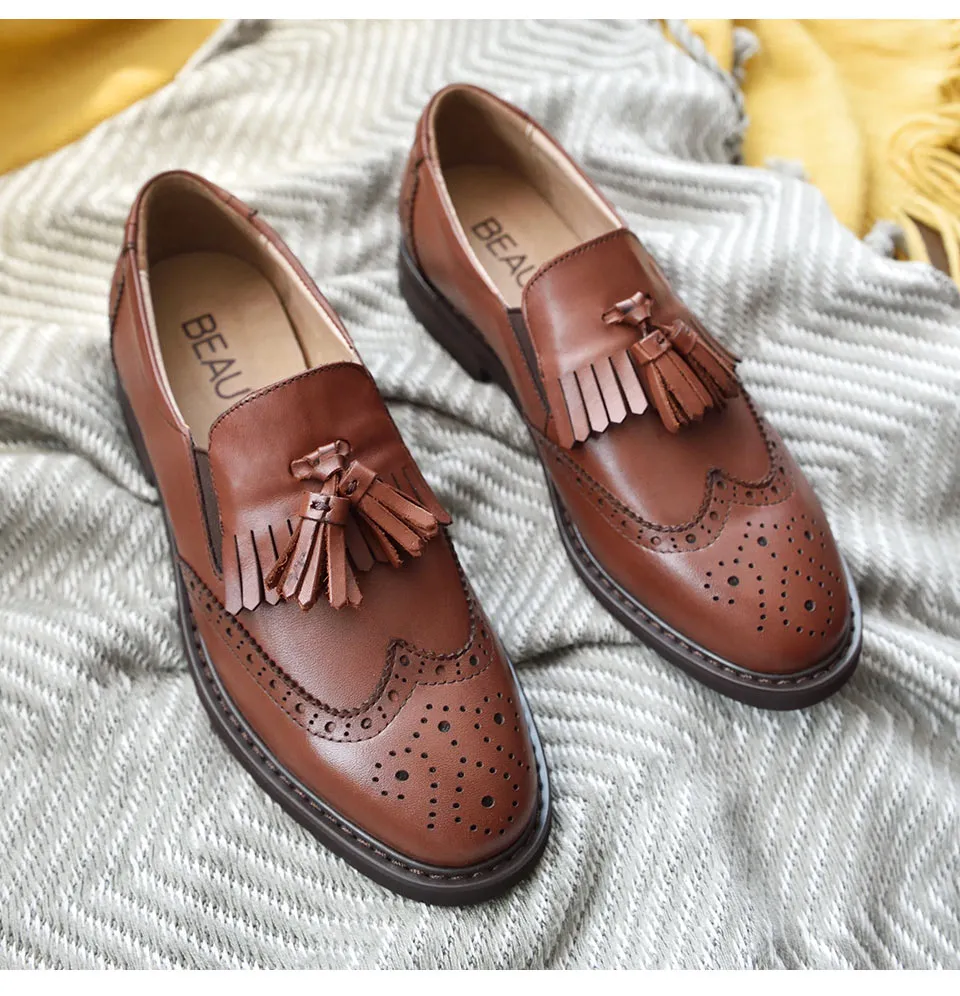 Damen Leder Brogue Slipper Freizeitflachschuhe Frühling Herbst_voghion.com