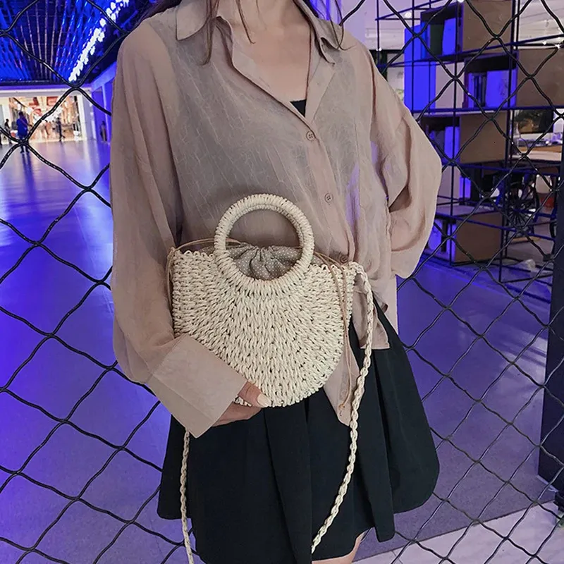 Half-round Rattan Shoulder Bag Large Capacity Summer Beach Tote_voghion.com