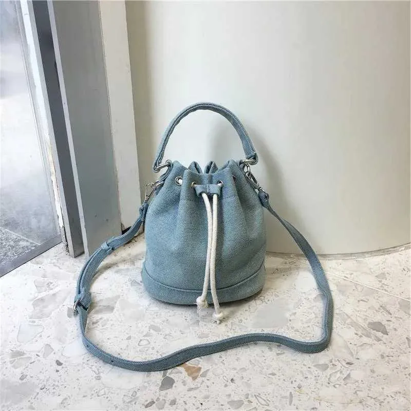 Women Fashion Denim Bucket Solid String Handbags Casual Mini Crossbody Bags Female All-matched Messenger PackC241212_voghion.com