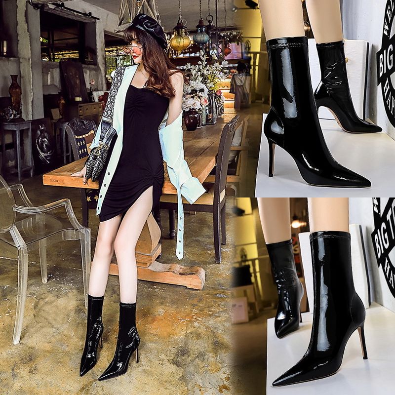 315 13 Fashion Sexy Nightclub Shiny Lacquer Leather Elastic Show Thin Pointed Short Winter Slim Boots_voghion.com