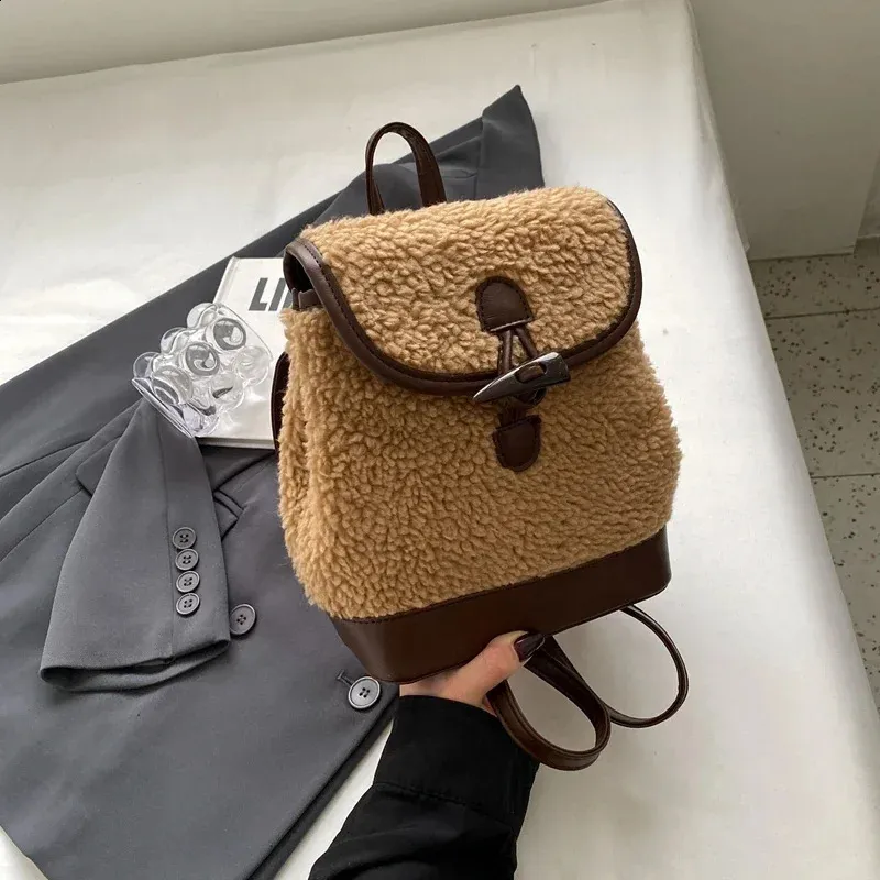 Winter Warm Lamb Wool Women Backpack Fashion er Plush Handbag Anti Theft Backbag Lady Casual Shoulder Crossbody Bag_voghion.com