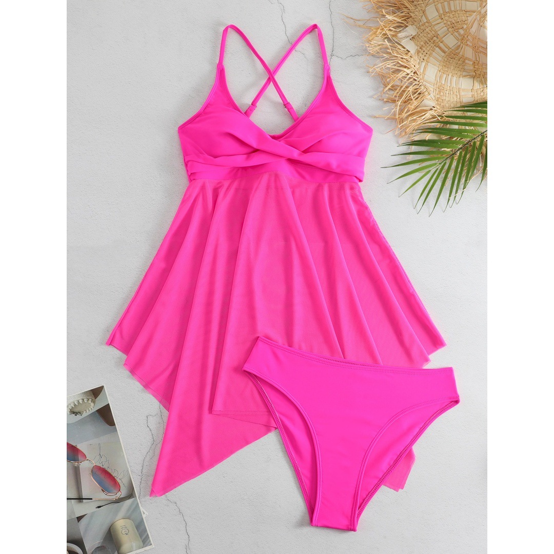 Dames Gauze Split Body High Waisted Mesh Badpak, Cross Top, Dubbele Schouderband_voghion.com