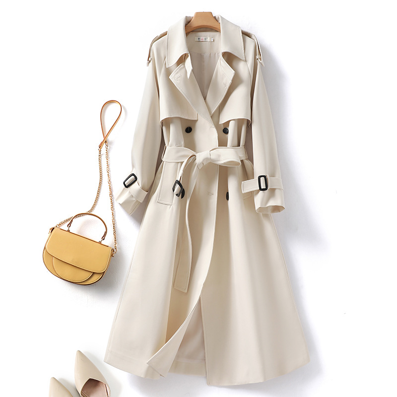 Damen Trenchcoat im neuen Herbststil mit Revers, langen Ärmeln und Taillengürtel, mittellang, 8273_voghion.com