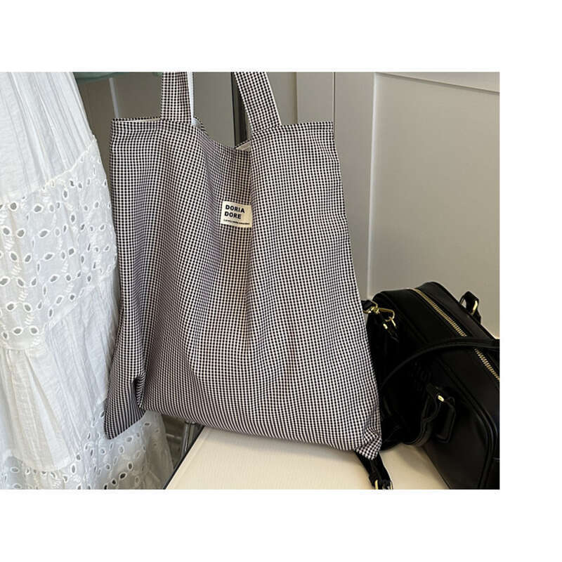 Polka Dot Blau Karierte Canvas Schultertasche für Studenten, Florale Stofftasche, schlicht und modisch_voghion.com