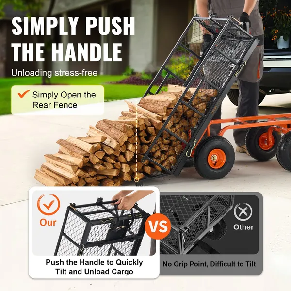 VEVOR Dump Cart, Metal Garden Dump Cart With Easy To Assemble Frame, Dump Wagon With 2-in-1 Convertible Handle, Utility Wheelbarrow 400 Lbs Capacity_voghion.com