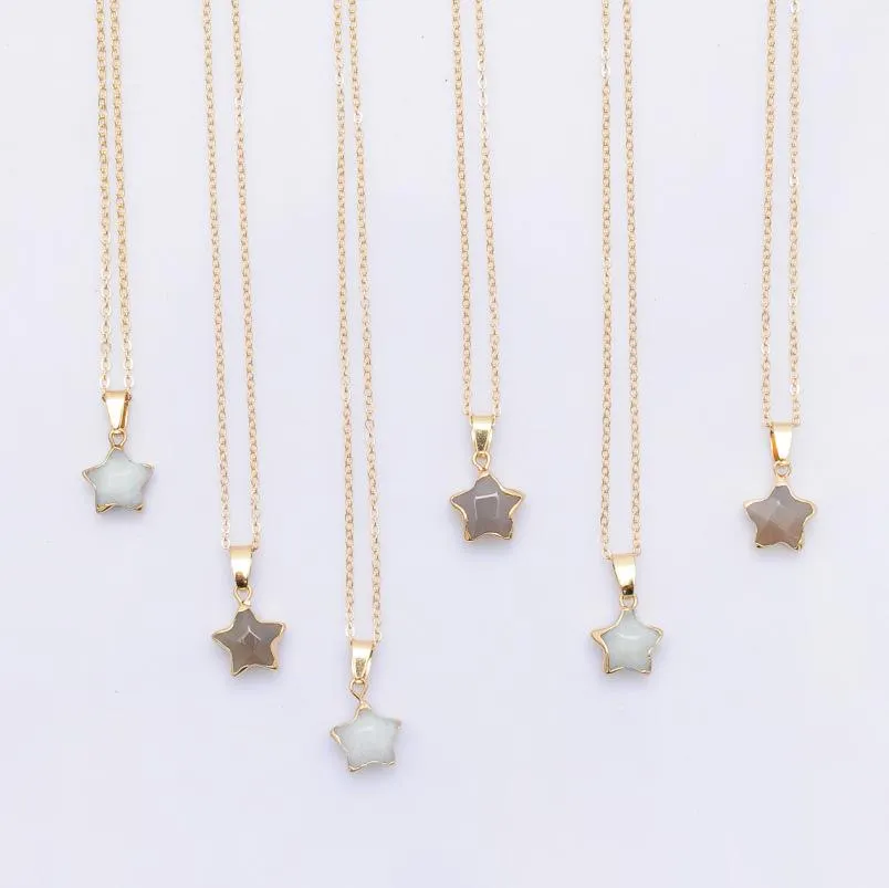 Catena a forma di stella pentagramma cristallo rosa chakra pietra naturale placcatura in oro geode druzy quarzo ciondolo collana fai da te gioielli_voghion.com