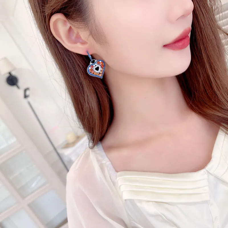 Shaped Earring Retro Colored Micro Inlaid Zircon Geometric Women's Fashion Heavy Industry Peach Heart Earrings Designer_voghion.com