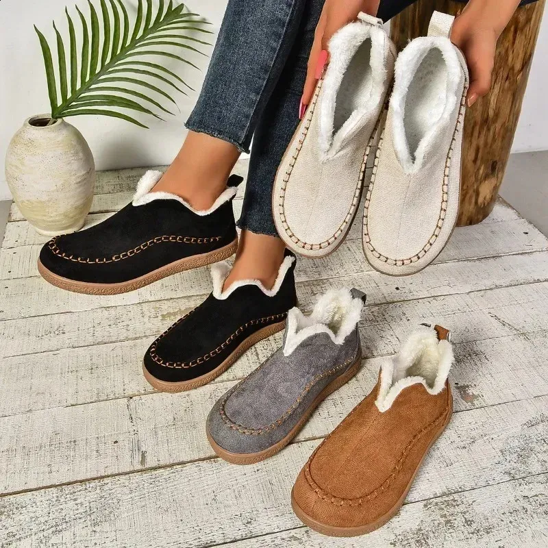 selg long sleeved womens winter round toe plush warm solid flat casual comfortable snow boots 240904_voghion.com