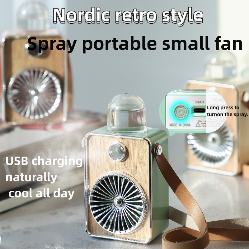 Ventilateur portable rechargeable vintage, refroidisseur électrique sans fil USB, mini humidificateur d'air de chargement de camping, circulateur à main_voghion.com