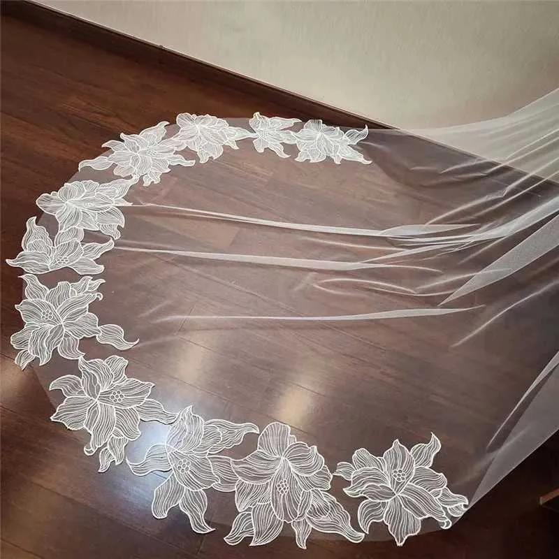 Gioielli per capelli, pizzo floreale romantico con pettine, singolo strato, 3 metri di lunghezza, velo da sposa color avorio, accessori per la sposa_voghion.com