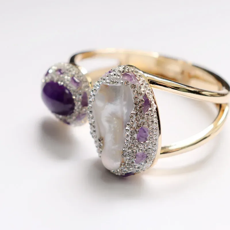 Natural Baroque Pearl Bracelet for Women Raw Stone Amethyst Set with Czech Diamonds Jewelry_voghion.com