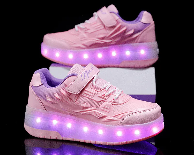 Kinderen Twee Wielen Lichtgevende Gloeiende Sneakers Zwart Roze Licht Roller Skate Kinderen Led Schoenen Jongens Meisjes USB Opladen_voghion.com