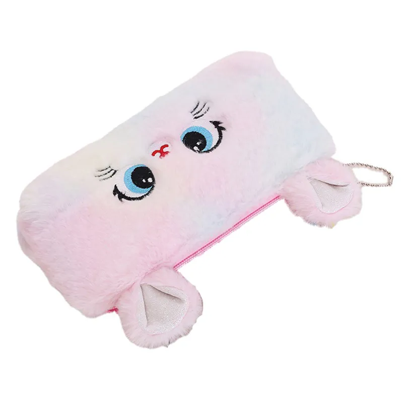 Trousse à crayons grande capacité en peluche avec motif de chat dégradé de couleurs, jolie trousse de rangement pour fournitures de papeterie et pièces de monnaie_voghion.com