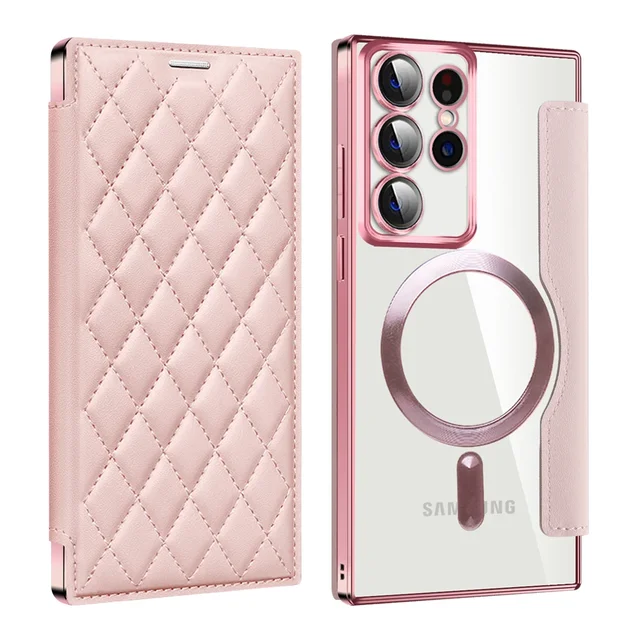 Capa magnética de couro para Samsung Galaxy S23FE S24 S22 Ultra Plus Suporte para cartão de carga sem fio Capa rígida à prova de choque_voghion.com