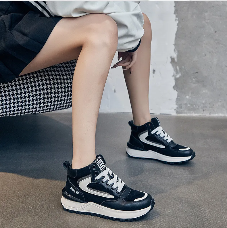 Genuine Leather Sneakers For Women Mixed Color Platform Casual Autumn Winter Warm Plush High Top Sports Shoes_voghion.com