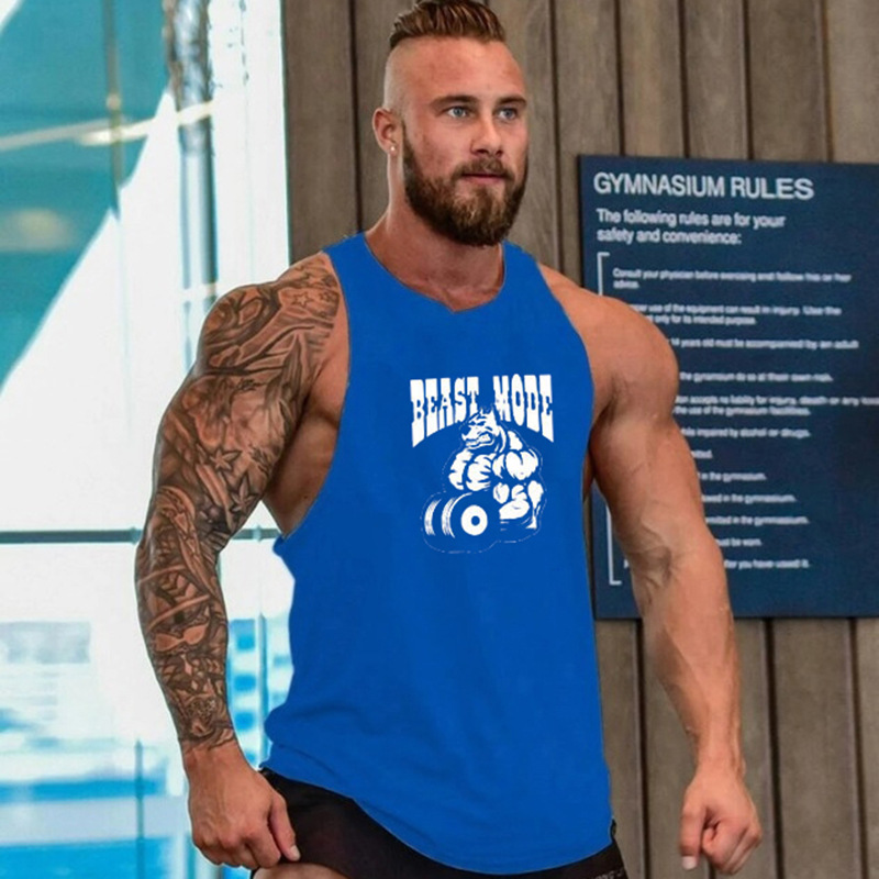 Sportstanktop, muskeltype racerback, ærmeløs træningst-shirt med bogstaver, trendy løstsiddende fitnesstøj til mænd_voghion.com