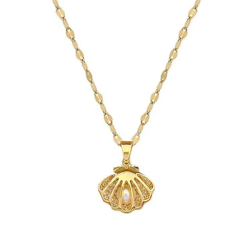 Anhänger Halsketten Modische leichte personalisierte Mikro-verzierte Schmuck Muschel Perlenkette klassischer Edelstahl_voghion.com