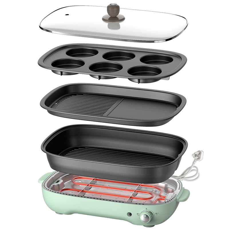 Elettrodomestici per la casa, grill elettrico, barbecue per carne, teglia per dolci, pentola calda, multicooker e 3 piastre rimovibili, 220 V_voghion.com
