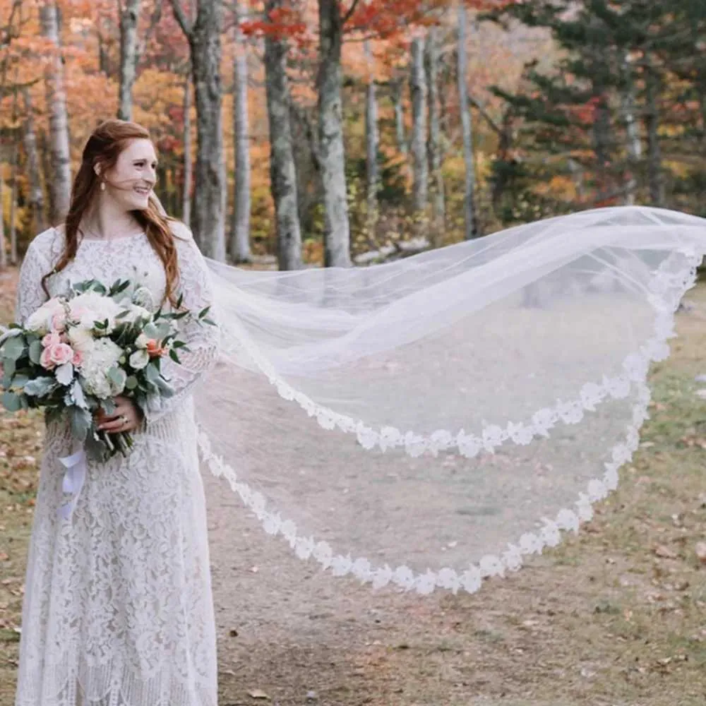 Gioielli per capelli, veli da sposa lunghi con pettine, velo a 1 strato, bordo smerlato, rifiniture in pizzo, lunghezza cattedrale, accessori da sposa per_voghion.com