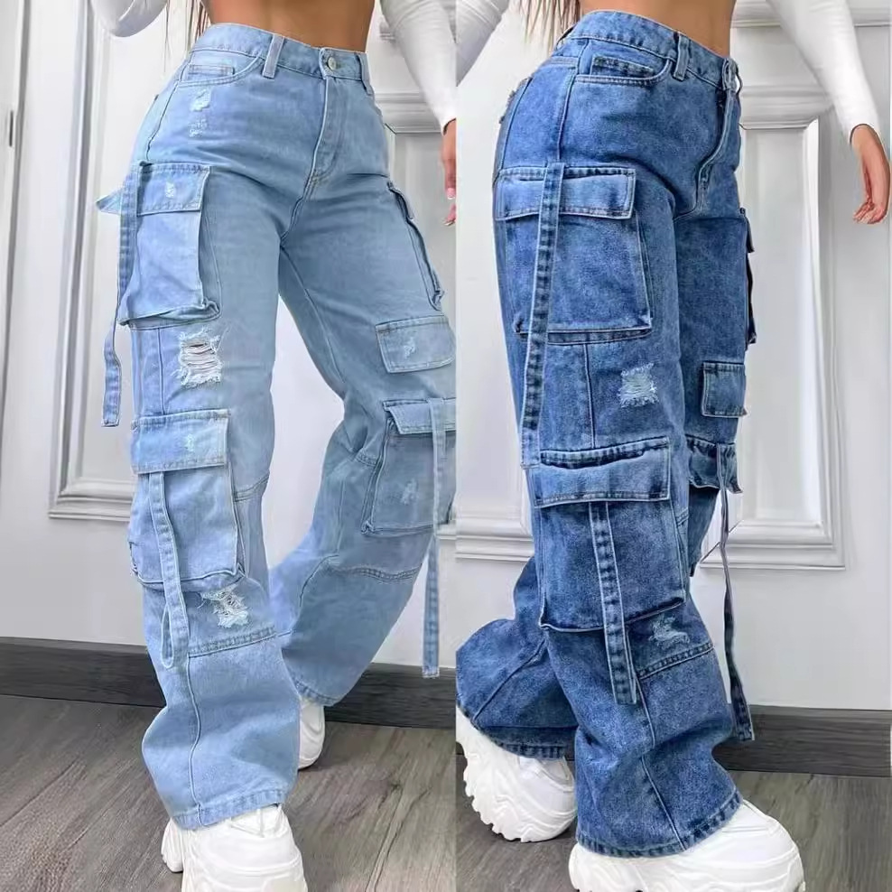 Vêtements pour femmes mode couleur unie tout match grande taille taille haute multi-poches vêtements de travail décontractés pantalons en denim