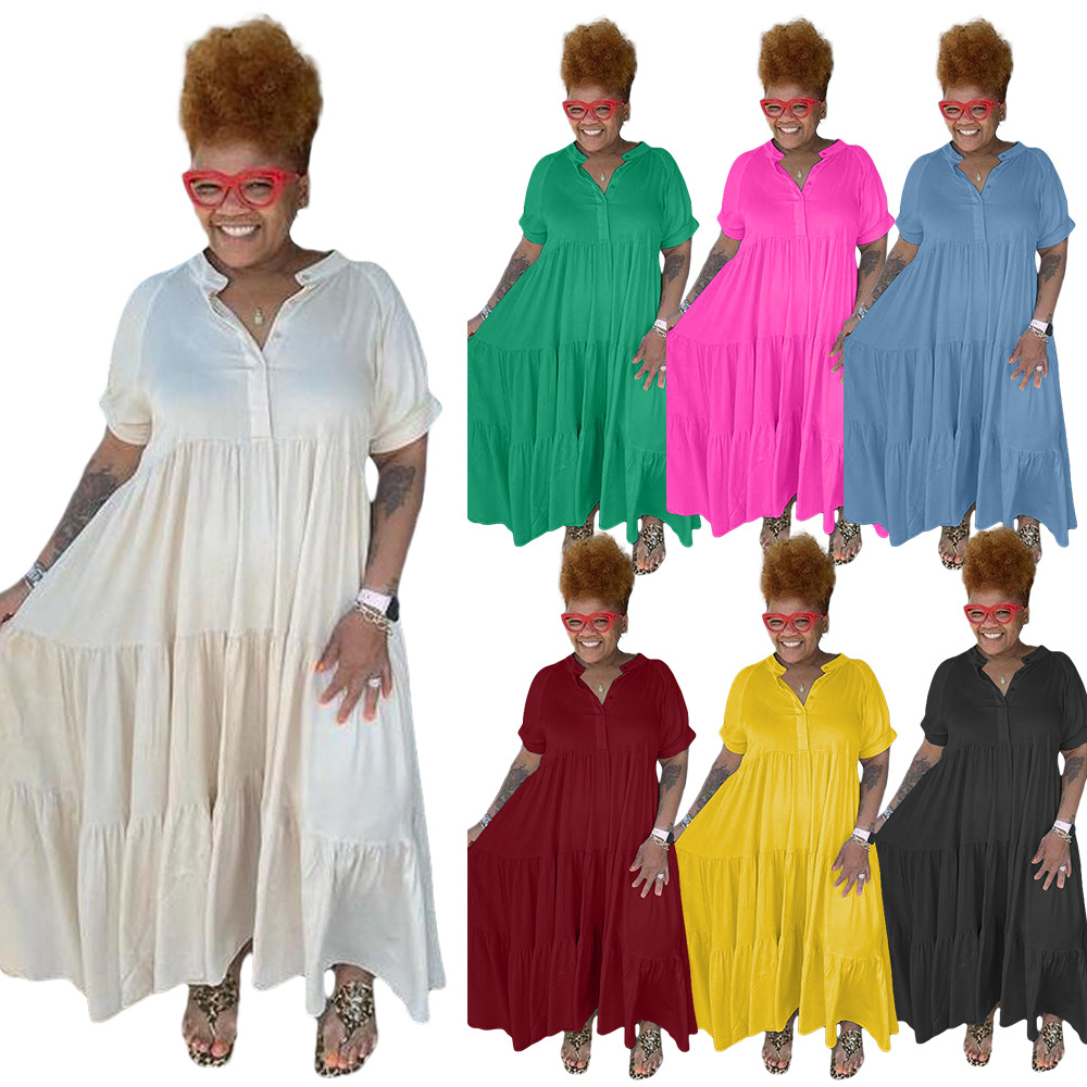 Abito con risvolto casual con bottoni alla moda da donna taglie forti_voghion.com