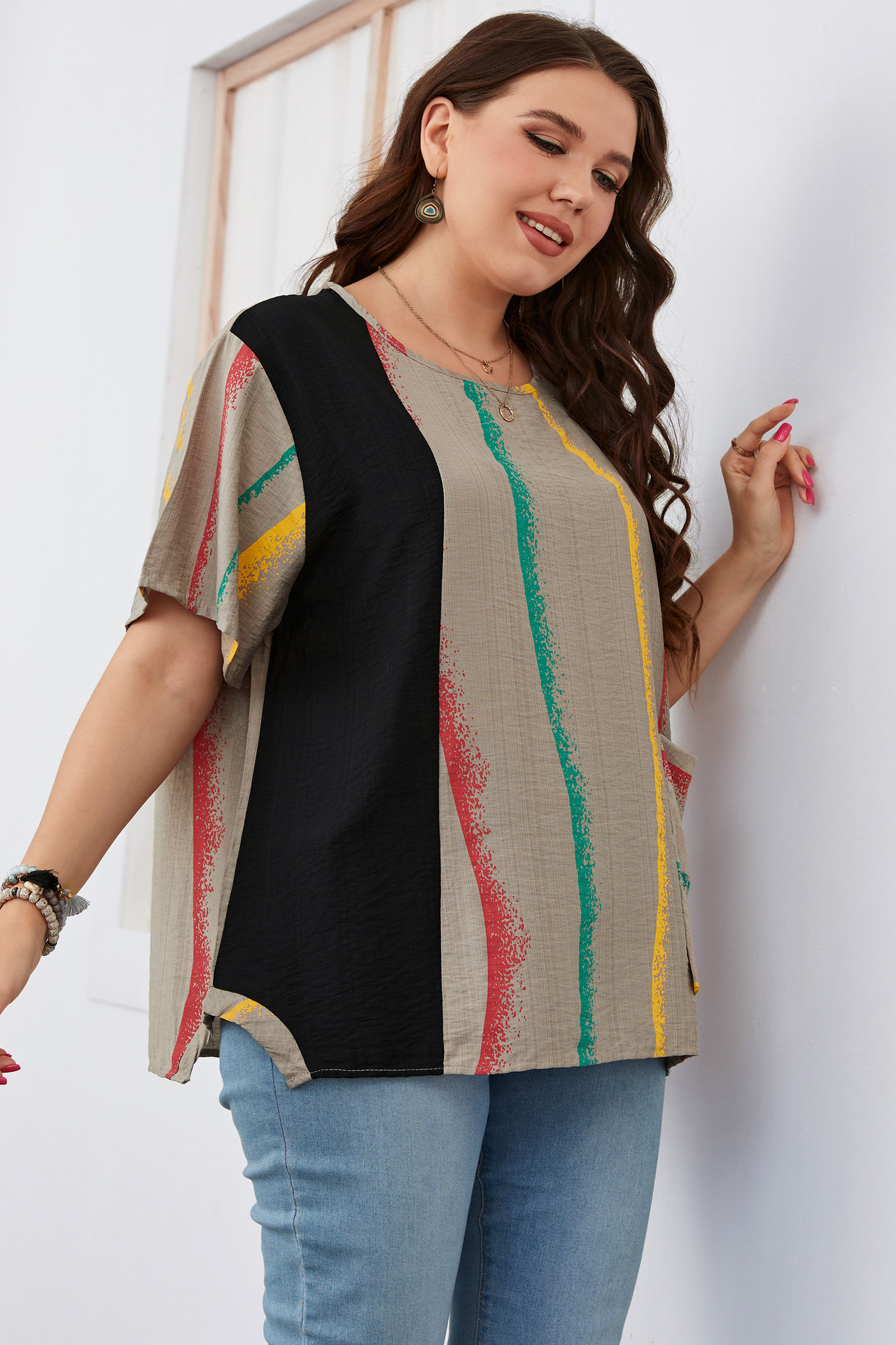 Women's striped contrast color large size women's shirt slim round neck women's clothing_voghion.com