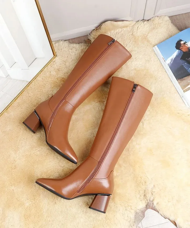 Botas altas elegantes para mujer de cuero marrón para invierno_voghion.com