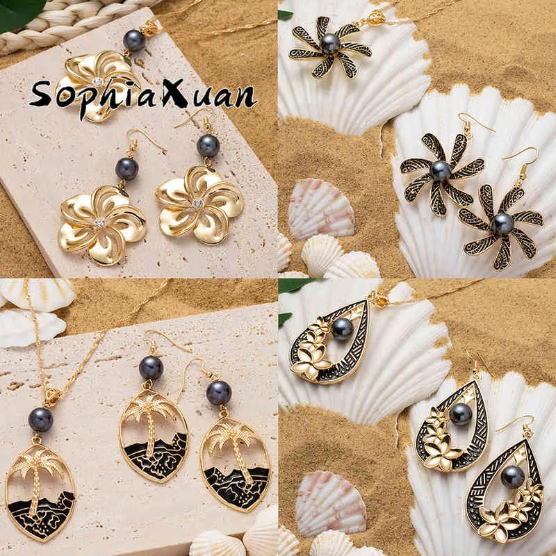 Σετ κοσμημάτων Sophiaxuan από τη Χαβάη, σκουλαρίκια Plumeria με κρεμαστά μαργαριτάρια και λουλούδι, πολυνησιακή μόδα, επιχρυσωμένο κολιέ_voghion.com