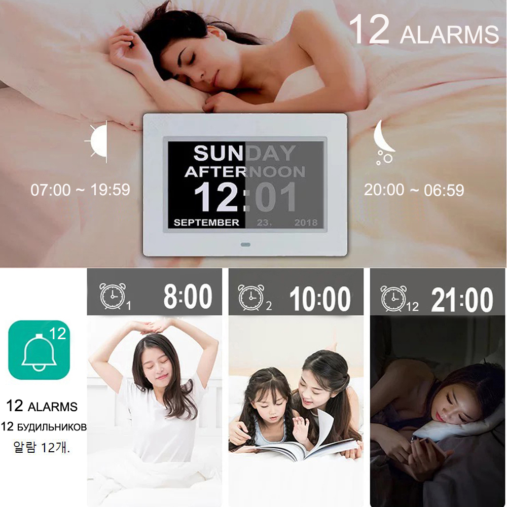 Ceas calendaristic digital cu 12 alarme LED, cu afișaj în mai multe limbi. Memento pentru ora de administrare a medicamentelor pentru vârstnici. Decorațiune de perete pentru birou._voghion.com