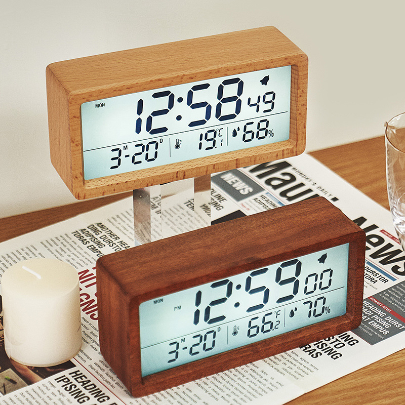 Sveglia digitale a LED in legno multifunzionale con grande schermo, data, temperatura, umidità, retroilluminazione, snooze 12/24 ore, orologio da tavolo_voghion.com