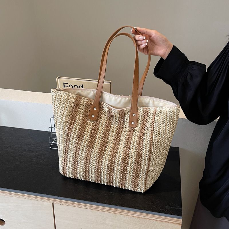 Borsa tote da spiaggia in tessuto con texture a spalla in erba, grande capacità, per le donne, estate 2024_voghion.com